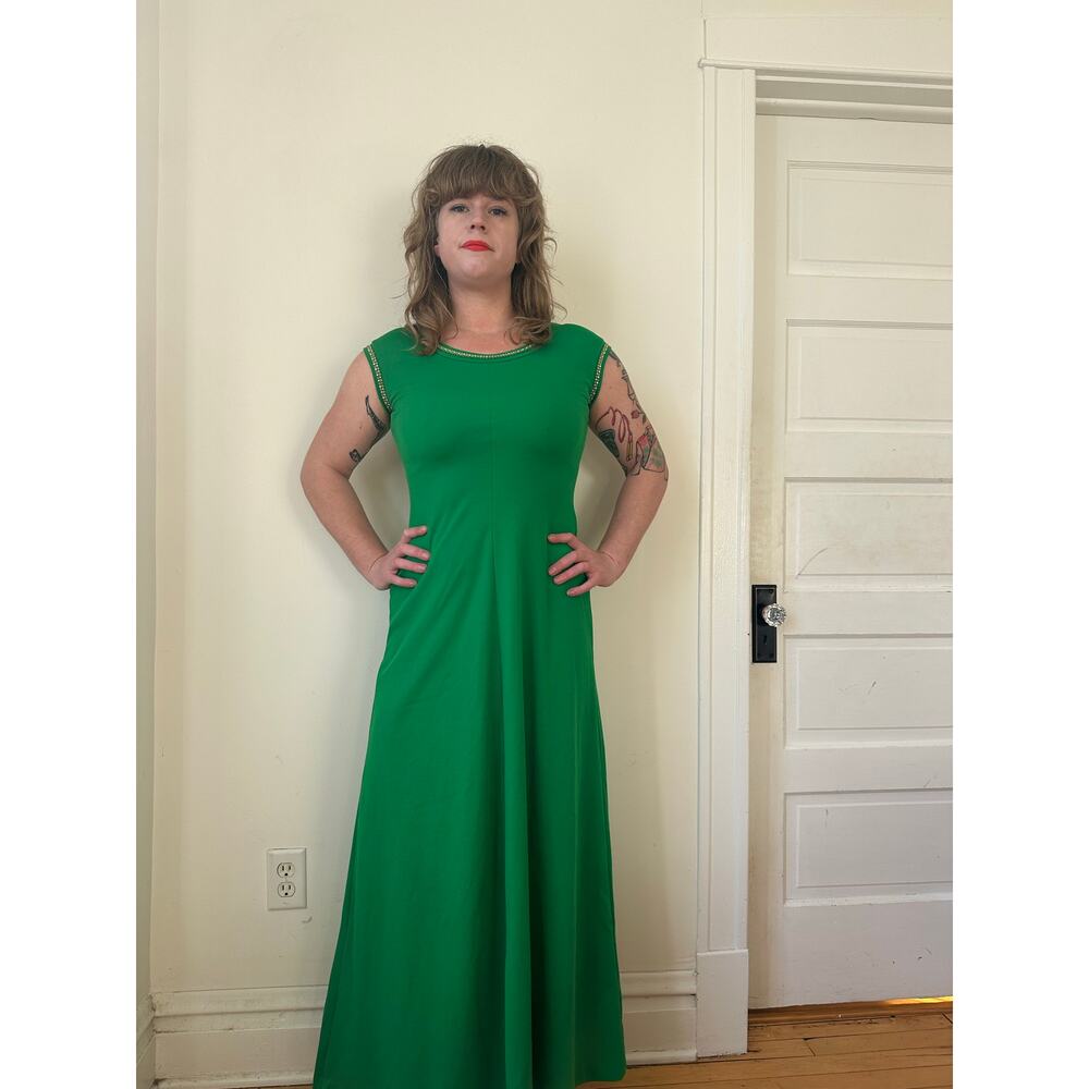 1970s 70s vintage Kelly green maxi dress rhinestones party cocktail gown disco